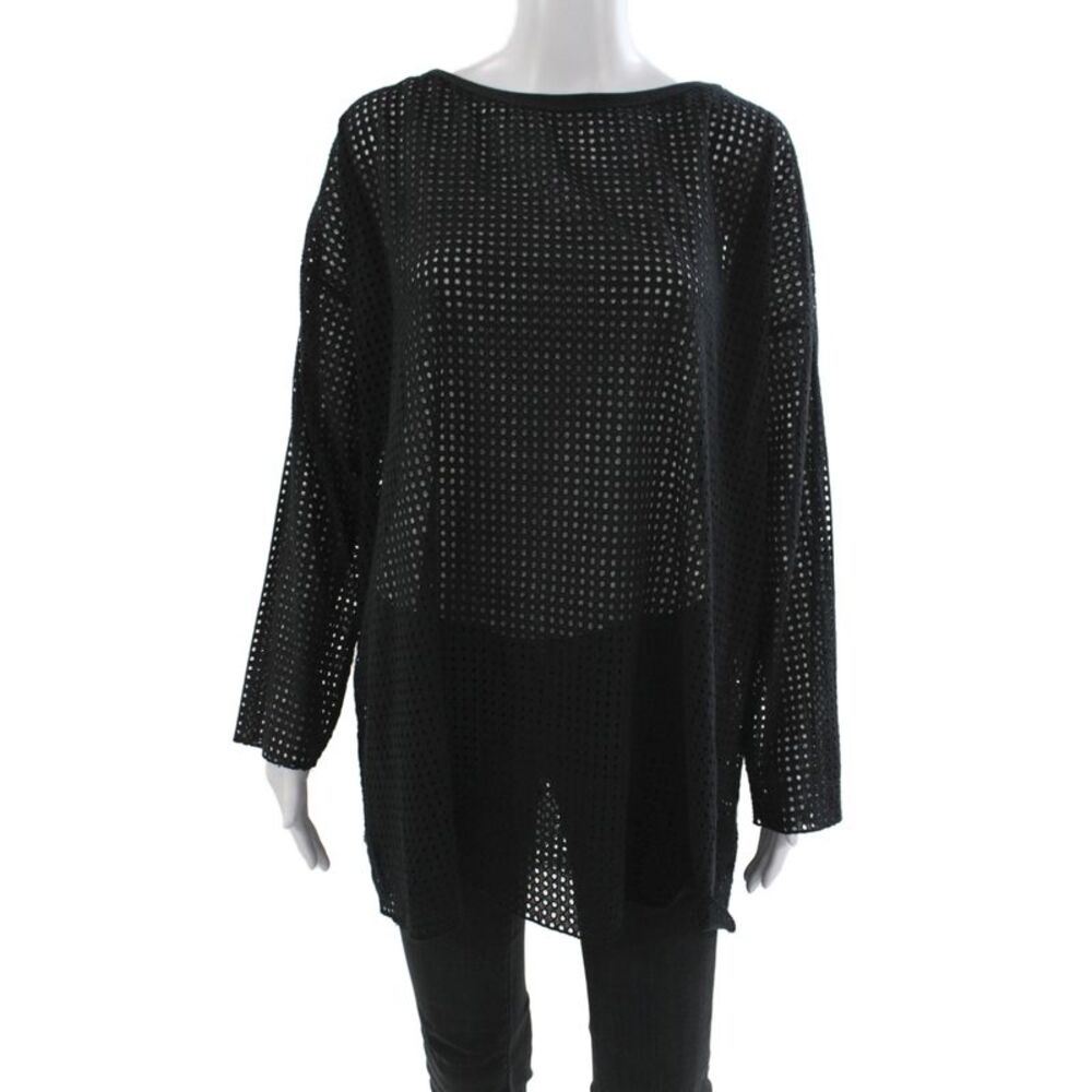 Labo.Art Women Tunic Blouse Black Geometric Round Neck Long Sleeve Size 3